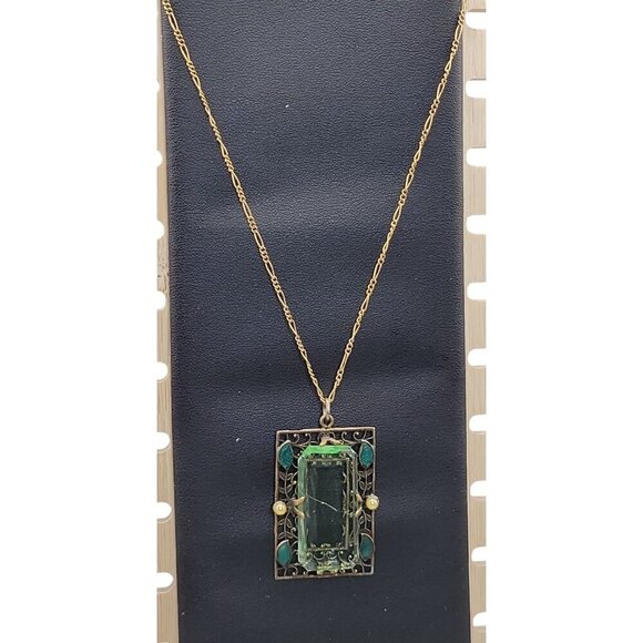 Artistry Green Glass Filigree Framed Pendant Necklace Enamel & Faux Pearl Accent - Picture 7 of 16